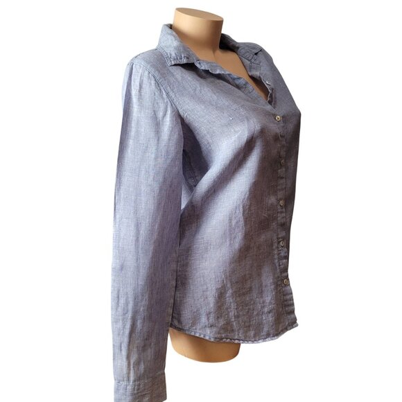 Sigrid Olsen 100% Linen Blue Long Sleeve Button-Up Shirt w/Button freature - Picture 4 of 12